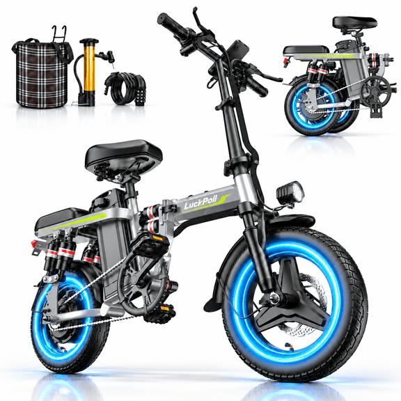 LuckRoll Foldable Electric Bike for Adults, Up to 50 Mi Range, 500W Peak Ebike with Removable 48V 13Ah Battery, 14" Compact Commuter Electric Bicycle, Class2, UL2849 Certified