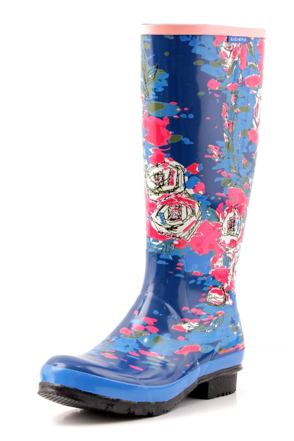 Women's Paint Brush Wellies Rain Boots, Color: Blue, Size: 7 B(M) US