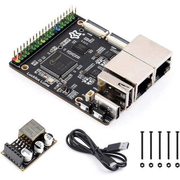 Luckfox Lume Linux Development Board, Allwinner T153 Multi-core Heterogeneous Industrial Processor, Dual Gigabit Ethernet, 128MB DDR3 Memory and 256MB Flash Storage, with POE Module