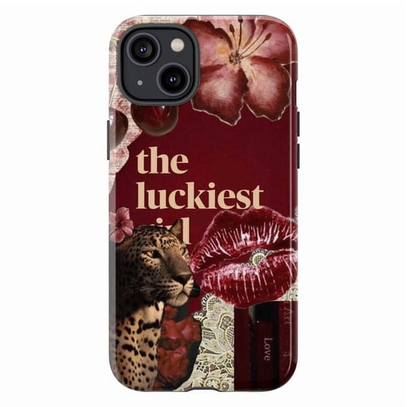 The Luckiest Girl Phone Case, Leopard and Red Floral Collage iPhone Cover, Romantic Aesthetic Artistic Protective Case for iPhone 17 16 15 14 13 12 11 Pro Plus Mini