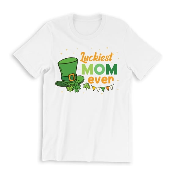 Luckiest Mom Ever Women's White T-Shirt Green Hat Design St. Patrick's Day Holiday Shirt