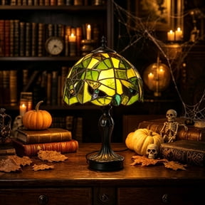 Luckky 14Inch Vintage Halloween Glass Spiderweb Lamp,Stained Glass Resin Spiderweb Glass Night Light,Gothic Vintage Table Lamp,Spooky Decorative Standing Lights Gifts Home Decorations for Summerween