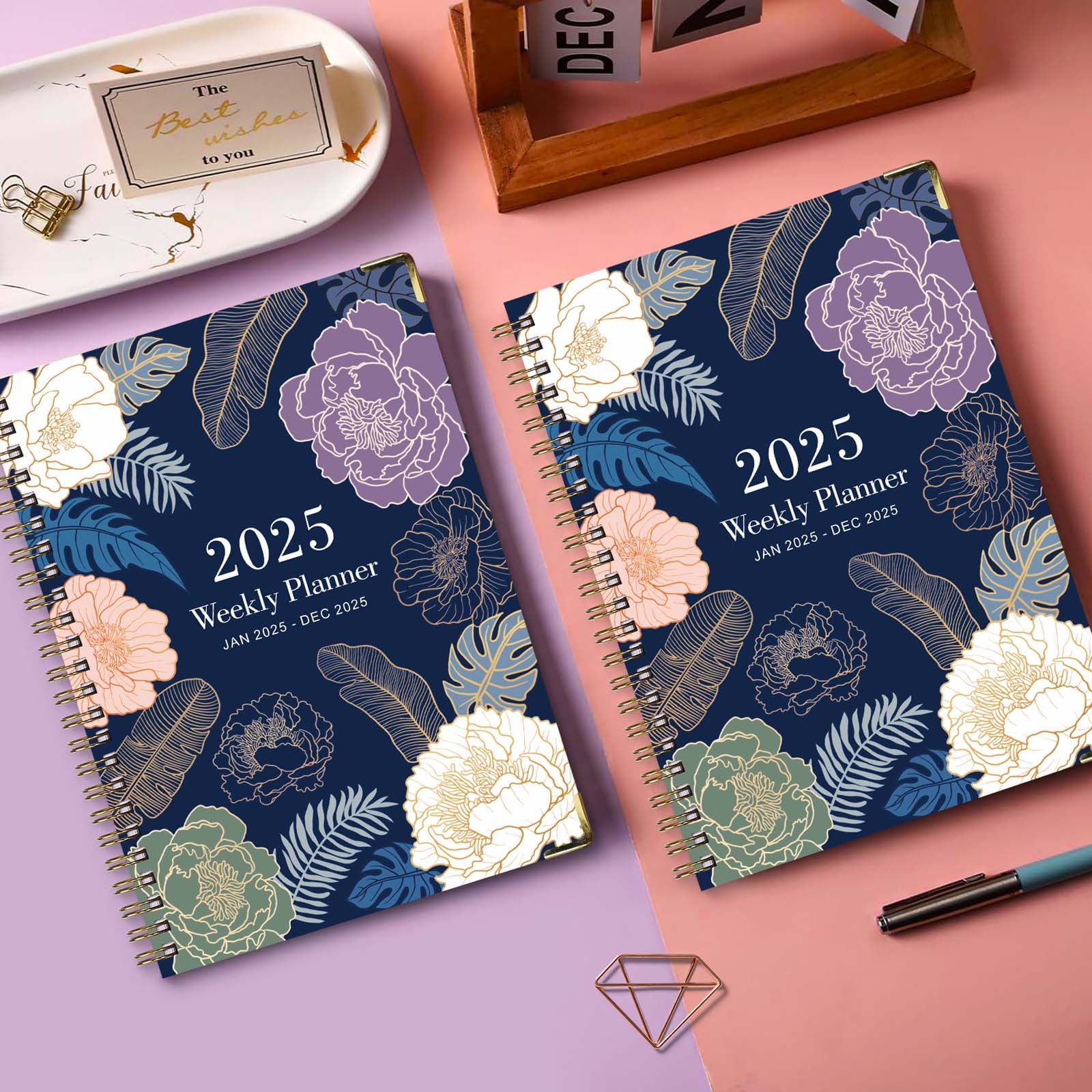 2025 Weekly & Monthly Planner - Hardcover Spiral Bound With Monthly Tabs, Inner Pocket & Elastic Closure
