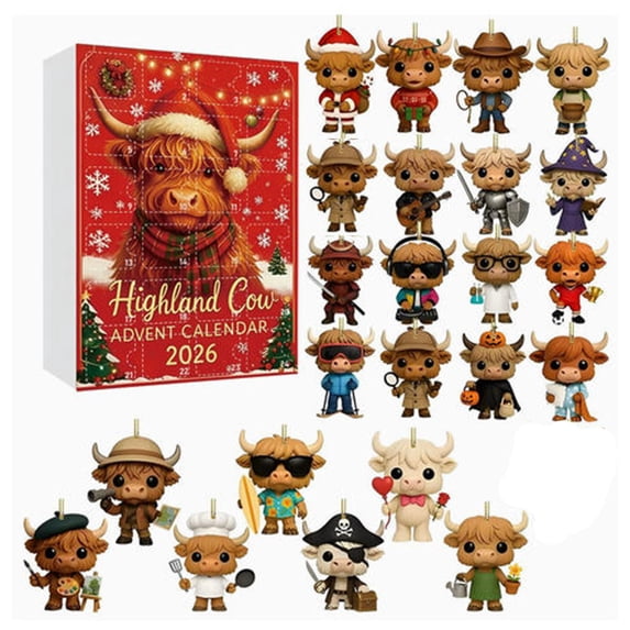 Luckky 2026 Highland Cow Christmas Advent Calendar,24‑Day Holiday Highland Cow Acrylic Ornaments Countdown Calendar,Collectible Gift for Animal Lovers,Home Christmas Tree Decor