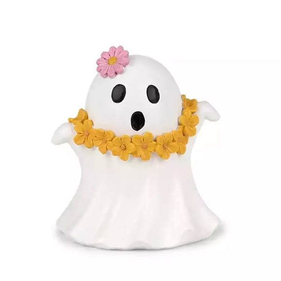 Luckky 5 Inch Cute Ghost Figurine with Garland Flower,White Yellow Ghost Statue Tabletop Halloween Decoration for Indoor Home Shelf Display