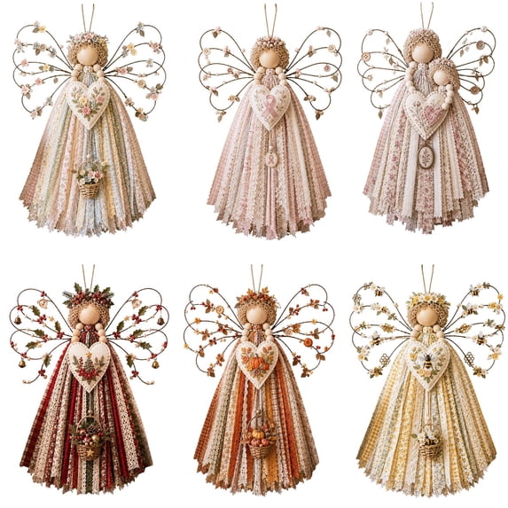Luckky Angel Fabric Hanging DIY Kit,HandmadeAngel Ornament Craft Kit,Precut Fabrics & Buttons to Create Layered Wings,Christmas Tree Angel Doll for Rustic Farmhouse Christmas Home Decor