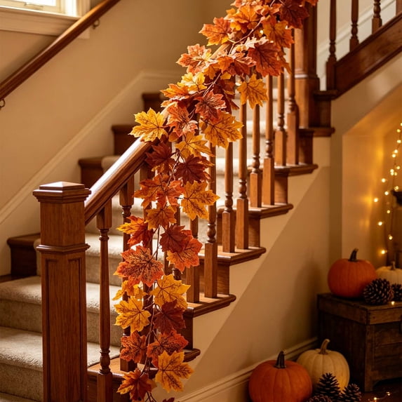 Luckky Artificial Fall Maple Leaves Garland,Thanksgiving Autumn Hanging Vine Garland,for Mantel,Fireplace,Front Door,Porch,Wall,Home Party Decorations
