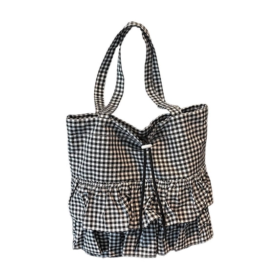 Luckky Black White Gingham Ruffle Tote Bag, Drawstring Checkered Canvas Shoulder Handbag, Casual Lightweight Shopping Bag for Women Daily Travel Beach Work