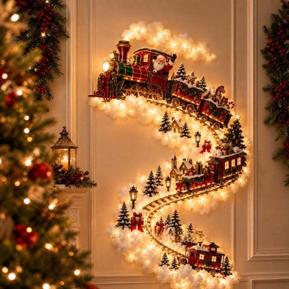 Luckky Christmas Magic Trail Wall Light, Santa Express Train Cascading LED Wall Decor, Warm Glowing Snowy Railway Scene Holiday Wall Ornament, Indoor Xmas Decoration for Entryway Bedroom