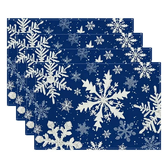 Luckky Christmas Placemats 12x18 Inch Set of 4, Xmas Snowflakes Winter Seasonal Holiday Farmhouse Kitchen Dining Table Decoration for Indoor Outdoor Dinner Party Decor (Blue)