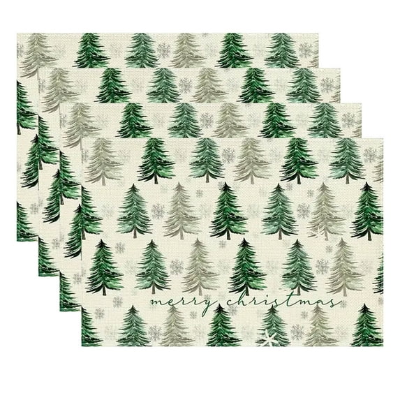 Luckky Christmas Placemats 12x18 Inches Set of 4, Green Tree Snowflake Xmas Winter Holiday Burlap Farmhouse Burlap Indoor Table Mats Decorations for Home Party