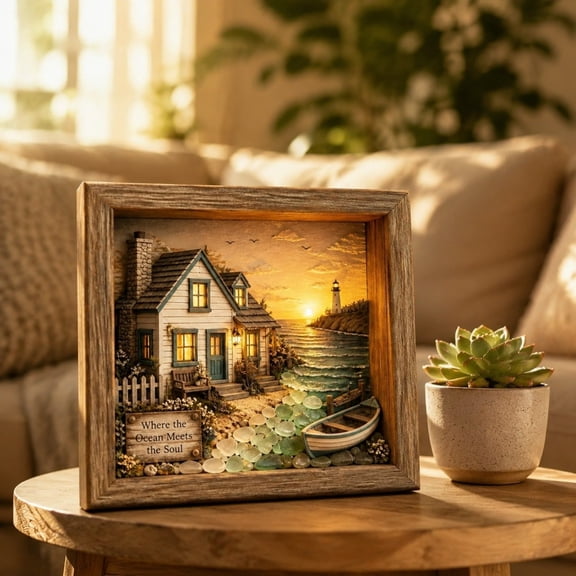 Luckky Coastal Lighthouse Sea Glass Shadow Box LED Night Light,Handmade Seascape Ocean Art Frame Ambient Lamp,Warm Glow Decorative Table Light for Home Decor & Holiday Gift