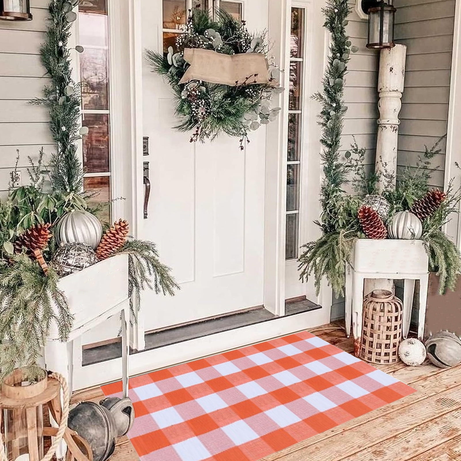 Orange Plaid Tartan Print Door Mat