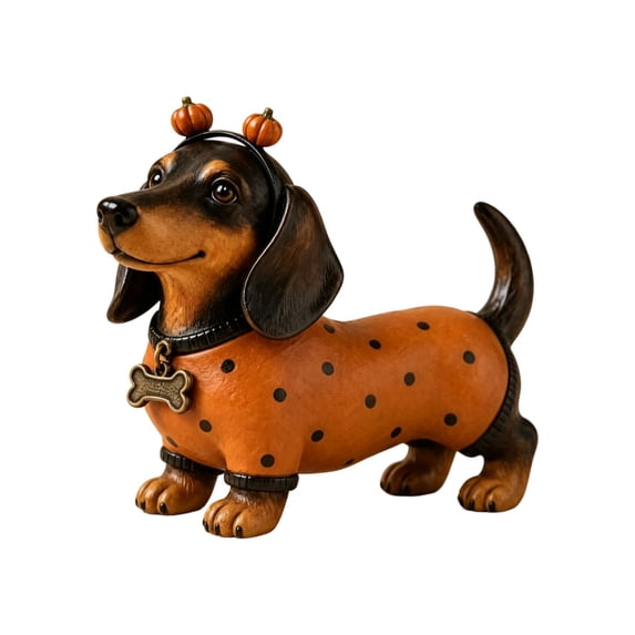Luckky Fall Dachshund Dog Figurine, Resin Wiener Dog Statue with Pumpkin Headband & Polka‑Dot Sweater, Autumn Thanksgiving Halloween Tabletop Mantel Home Decor