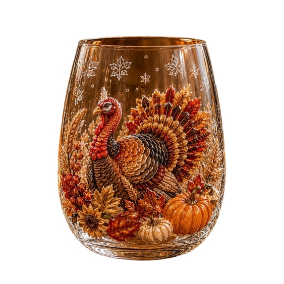 Luckky Fall Harvest Stemless Wine Glass, Highland Cow Printed Drinking Cup with Sunflower, Turkey & Scarecrow Patterns, Thanksgiving Decorative Glassware for Home Party Table & Holiday Gift