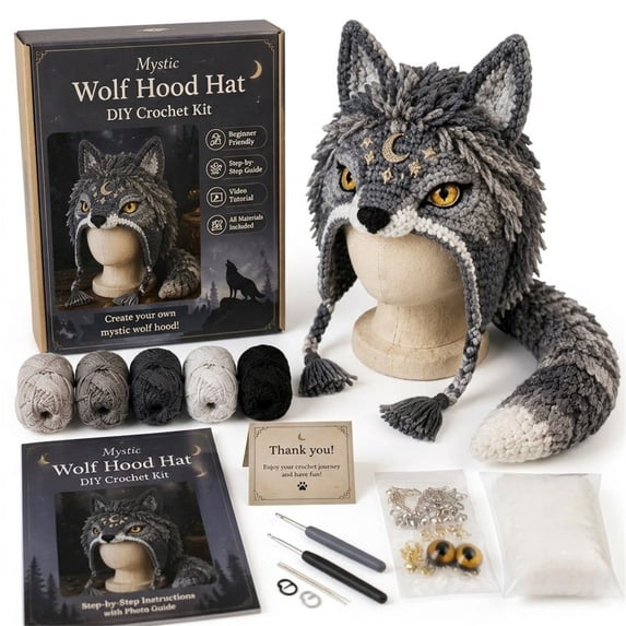 Luckky Fantasy Hood Hat DIY Crochet Kit Animal Earflap Knitting Set Complete for Beginner with Yarn Hooks Needles & Tutorial Patterns