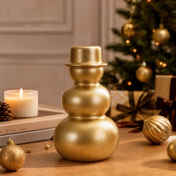 Luckky Gold Resin Snowman Christmas Decoration, 7.9 Inch Textured Snowman Figurine, Elegant Modern Farmhouse Holiday Tabletop Decor for Mantel, Shelf & Coffee Table