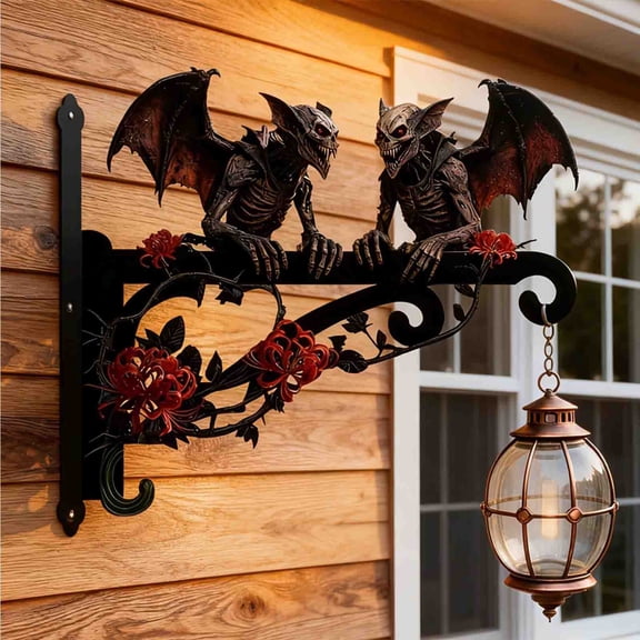 Luckky Gothic Gargoyle Skeleton Wall Bracket Decor, Bat Winged Demon Statue with Red Spider Lily Flower, Dark Horror Style Wall Mount Art Ornament for Halloween Indoor Home Decor