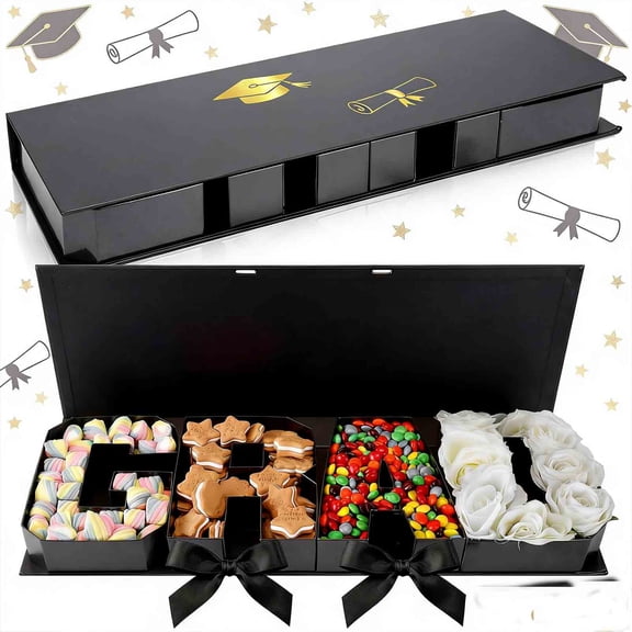 Luckky Graduation Gift Box,GRAD Letter Shaped Fillable Cardboard Box Includes Ribbon and Raffia,for Graduation Gifts, Snacks, Flowers & More（Black）