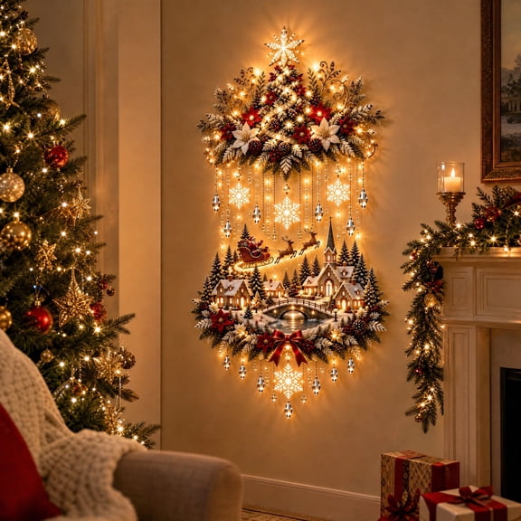 Luckky Illuminated Christmas Tree & Village Wall Hanging, Cascading Warm LED Lights, Vertical Wall Display Decor for Living Room, Entryway, Staircase, Indoor Holiday Home Decor, 1PC