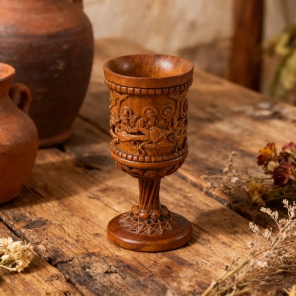 Luckky Last Supper Communion Cup,Hand Carved Wooden Religious Holy Grail Style Prayer Chalice Spiritual Decor,Vintage Home Office Decoration