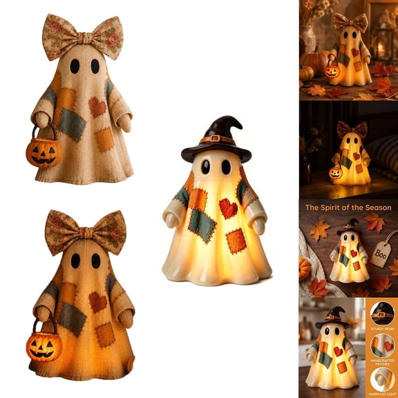 Luckky Lighted Vintage Patchwork Ghost Ornament,LED Light Up Retro Quilted Ghost Decor,Cozy Spooky Indoor & Outdoor Halloween Home Decoration
