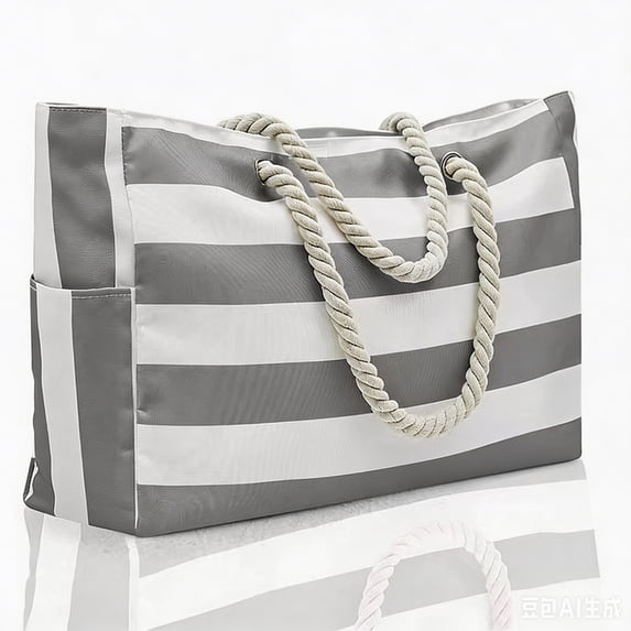 Luckky Oversized Bohemian Striped Canvas Beach Tote Bohemia Bag for Women & Girls,Waterproof Sandproof Swim Pool Bag with Zipper Closure and Wet Pocket,Portable Travel Handbag