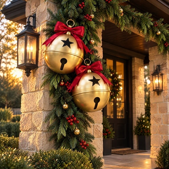 Luckky Oversized Gold Metal Christmas Jingle Bells, 14 x 10 Inch Giant Sleigh Bell Ornaments with Red Bow, Large Decorative Bells for Porch, Yard, Mantel, Indoor Outdoor Holiday Decor, Set Of 2