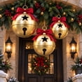 thumbnail image 1 of Luckky Oversized Gold Metal Christmas Jingle Bells, 14 x 10 Inch Giant Sleigh Bell Ornaments with Red Bow, Large Decorative Bells for Porch, Yard, Mantel, Indoor Outdoor Holiday Decor, Set Of 3, 1 of 7