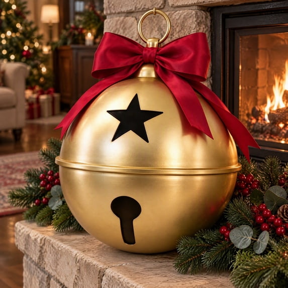 Luckky Oversized Gold Metal Christmas Jingle Bells, 14 x 10 Inch Giant Sleigh Bell Ornaments with Red Bow, Large Decorative Bells for Porch, Yard, Mantel, Indoor Outdoor Holiday Decor, 1Pc