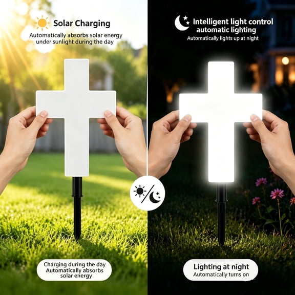 Luckky Solar Cross Grave Lighted,Waterproof LED Lighted Memorial White Cross Garden Stake,Weatherproof Religious Cemetery Decor for Yard,Patio,Lawn,Sympathy & Remembrance Decoration