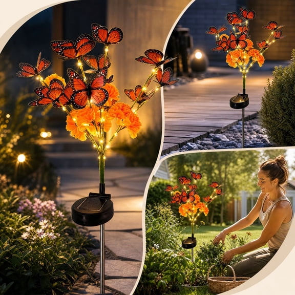 Luckky Solar Marigold Butterfly Garden Stake Light,Artificial Marigold & Monarch Butterfly LED Stake Lamp,Waterproof Outdoor Decorative Light for Yard Lawn Patio Memorial Garden