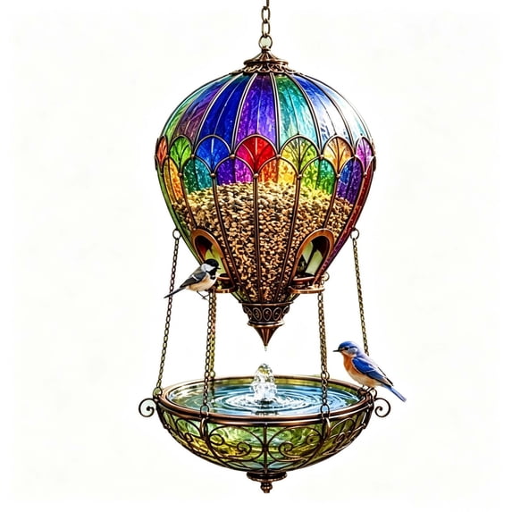 Luckky Stained Glass Hot Air Balloon Bird Feeder Fountain,Outdoor Hanging Bird Feeder with Water Fountain Tray,for Patio Porch Backyard Bird Watching Garden Decor