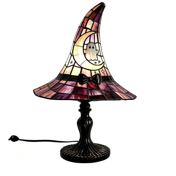 Luckky Stained Glass Witch Hat Lamp Style Resin Night Light,USB Powered Gothic Wizard Hat Table Lamp with Ghost & Moon Details,Spooky Decorative Lighting for Table