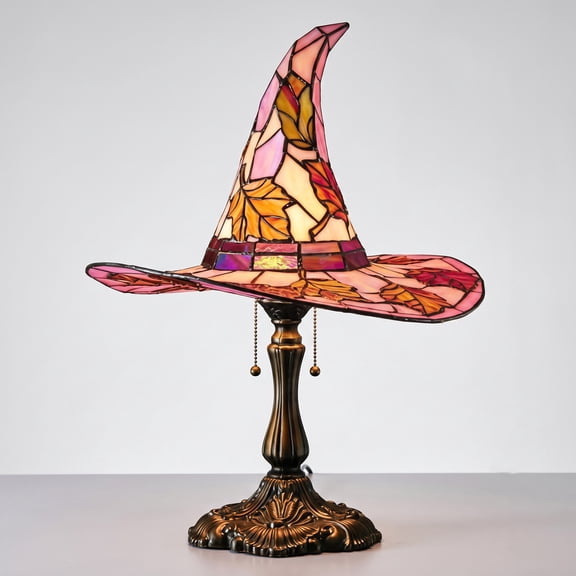 Luckky Stained Glass Witch Hat Lamp Style Resin Night Light,USB Powered Gothic Wizard Hat Table Lamp with ghost Details,Spooky Decorative Lighting for Table
