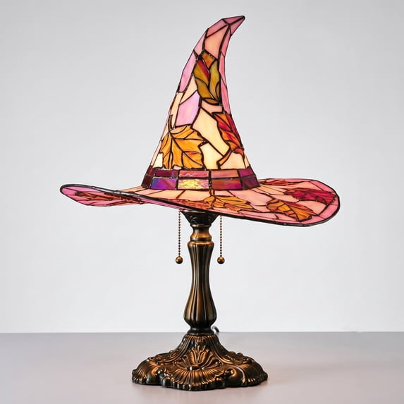 Luckky Stained Glass Witch Hat Lamp Style Resin Night Light,USB Powered Gothic Wizard Hat Table Lamp with ghost Details,Spooky Decorative Lighting for Table