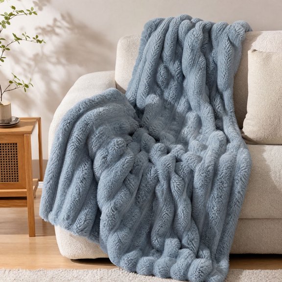 Luckky Striped Basket Bubble Faux Fur Throw Blanket,Thick Ribbed Textured Fluffy Cozy Blanket, Soft Warm Flannel Fleece Blanket for Sofa, Couch, Bed, All Season Home Decorative Blanket