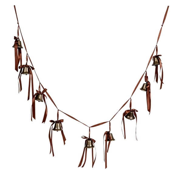Luckky Vintage Christmas Bells Garland with Brown Satin Ribbon Bows,Bronze Metal Bell Flag Hanging Decoration,Christmas Mantel Fireplace Wall Hanging Decoration for Holiday Home Party