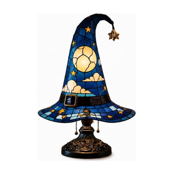 Luckky Witch Hat Lamp,Stained Glass Resin Wizard Hat Light,Gothic Style Witchy Decor Lamp,Indoor Holiday Ornament,Spooky Decorative Lighting for Table,Shelf and Home Party