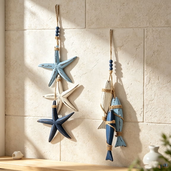 Luckky Wooden Starfish Wall Hanging Decor,Coastal Nautical Beachy Wall Art Pendant,for Bathroom,Front Porch,Beach House & Indoor Wall Decoration