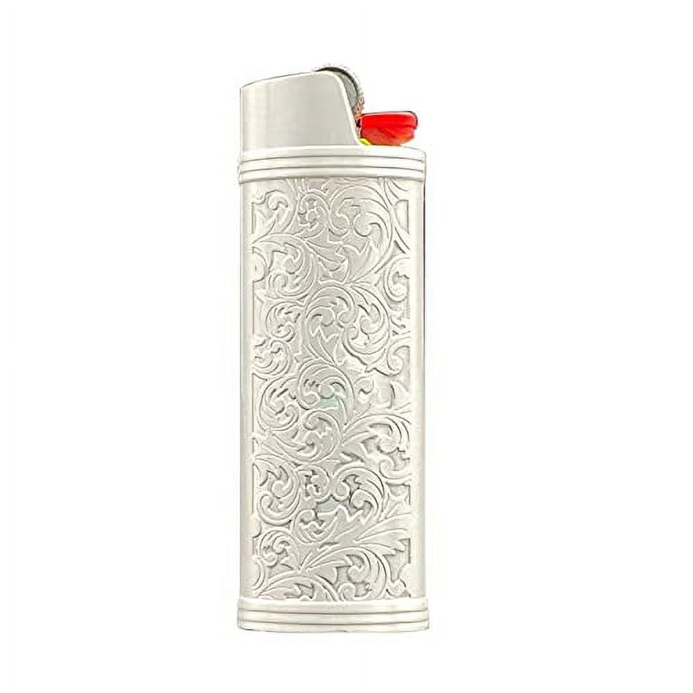 Lucklybestseller Metal Lighter Case Cover Floral Stamped for Bic Full Size  Lighter J6 (White Gold)