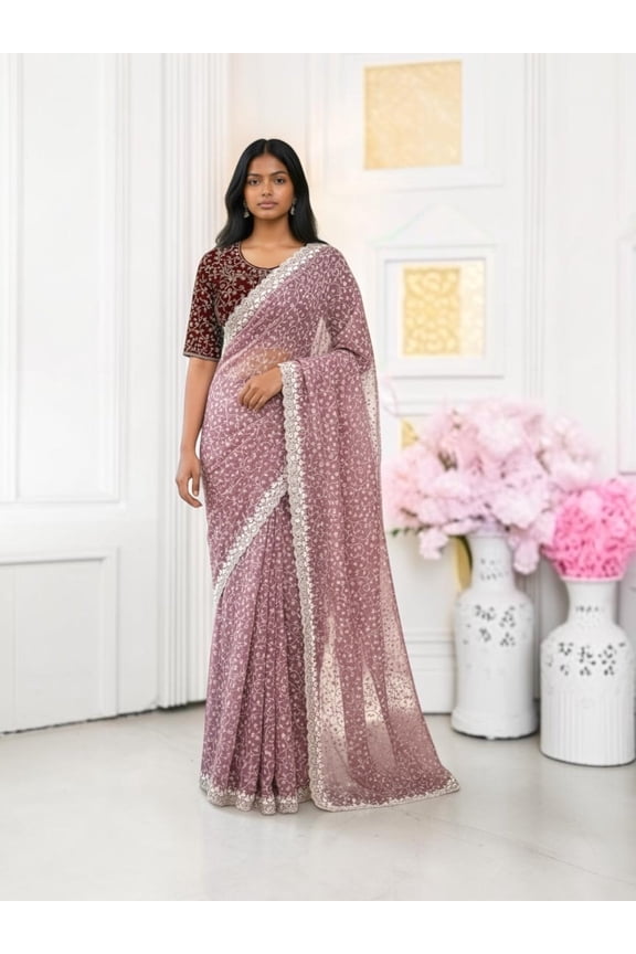 Lucknowi Work Traditional Saree with Ready Blouse, Cultural Wear for Women