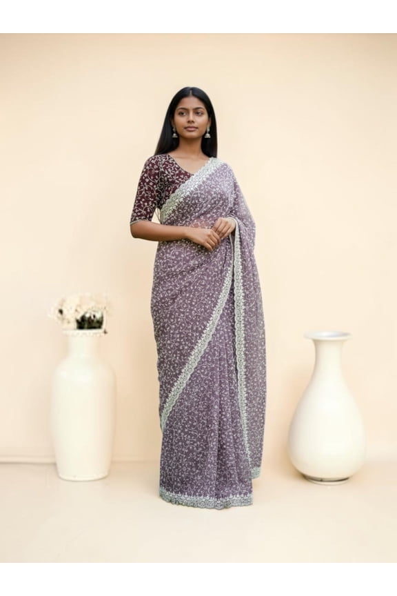 Lucknowi Work Traditional Saree with Ready Blouse, Cultural Wear for Women