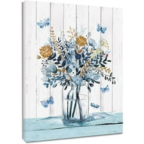 Lucksign Rustic Blue Floral Butterfly Wall Decor 12" x 16" Framed Canvas Art Prints