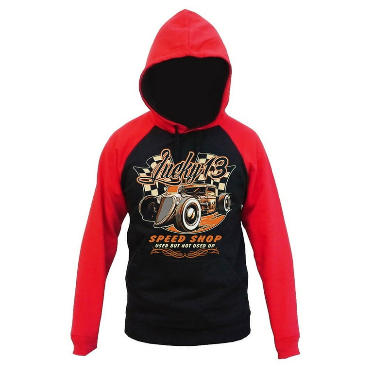 Lucky 13 Speed Shop Men's Black/Red Raglan Baseball Hoodie Sweater