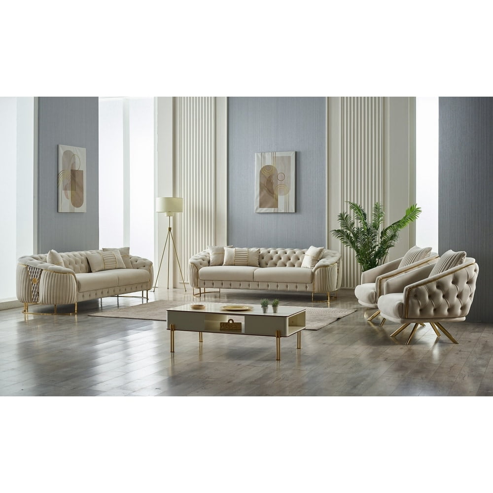 Luxurious Beige Velvet Living Room Set with Gold Metal Legs