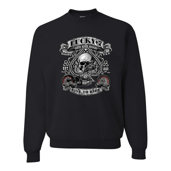 Lucky 7 Live to Ride Bikes Booze Broads USA Est 1903 | Mens Fashion Crewneck Graphic Sweatshirt, Black, Small