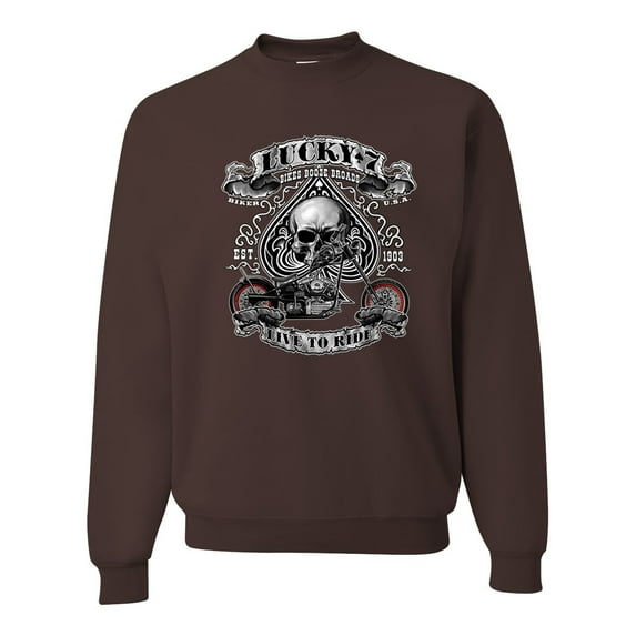 Lucky 7 Live to Ride Bikes Booze Broads USA Est 1903 | Mens Fashion Crewneck Graphic Sweatshirt, Brown, X-Large