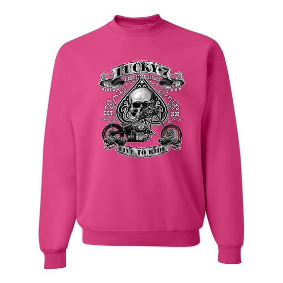 Lucky 7 Live to Ride Bikes Booze Broads USA Est 1903 | Mens Fashion Crewneck Graphic Sweatshirt, Fuschia, Small