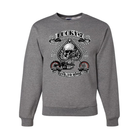 Lucky 7 Live to Ride Bikes Booze Broads USA Est 1903 | Mens Fashion Crewneck Graphic Sweatshirt, Heather Grey, Medium